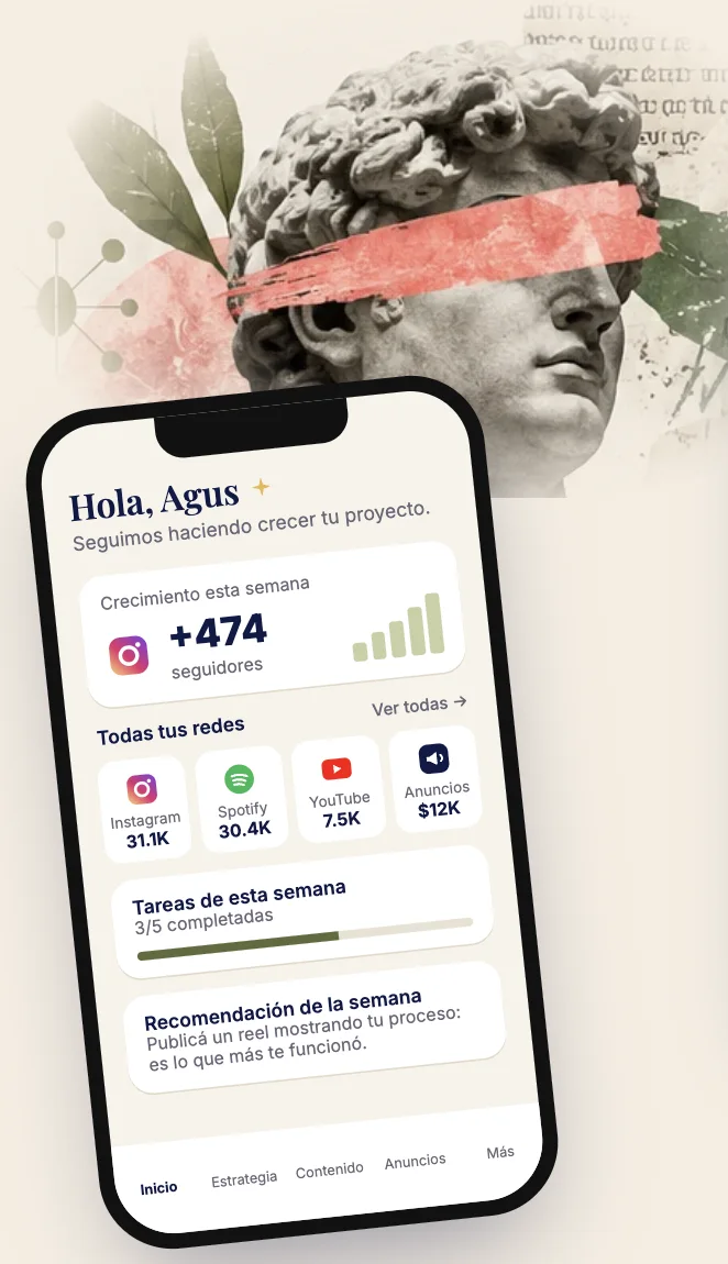 App semillaIA en un celular: crecimiento de seguidores, redes, tareas y recomendación de la semana